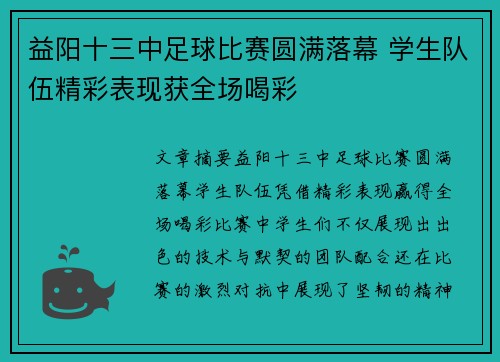 益阳十三中足球比赛圆满落幕 学生队伍精彩表现获全场喝彩