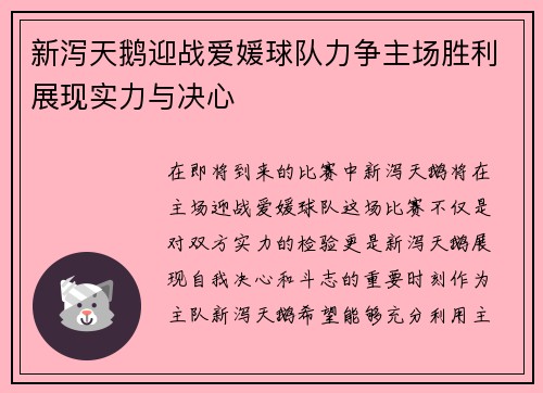 新泻天鹅迎战爱媛球队力争主场胜利展现实力与决心